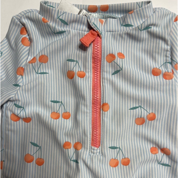 Long sleeve rash guard swimsuit 9M baby blue stripe with peach cherries zip snap - Picture 2 of 6